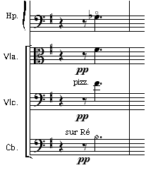 〔譜例：Harp、Va、Vc、Cbによるppの合奏部分〕