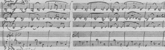 [自筆譜スコア写真]4楽章第1主題の3小節目の音符に点が付けられている