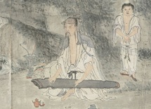 琴士図には、松林の中、水辺に腰を下ろして琴をつまびく人物が描かれている。